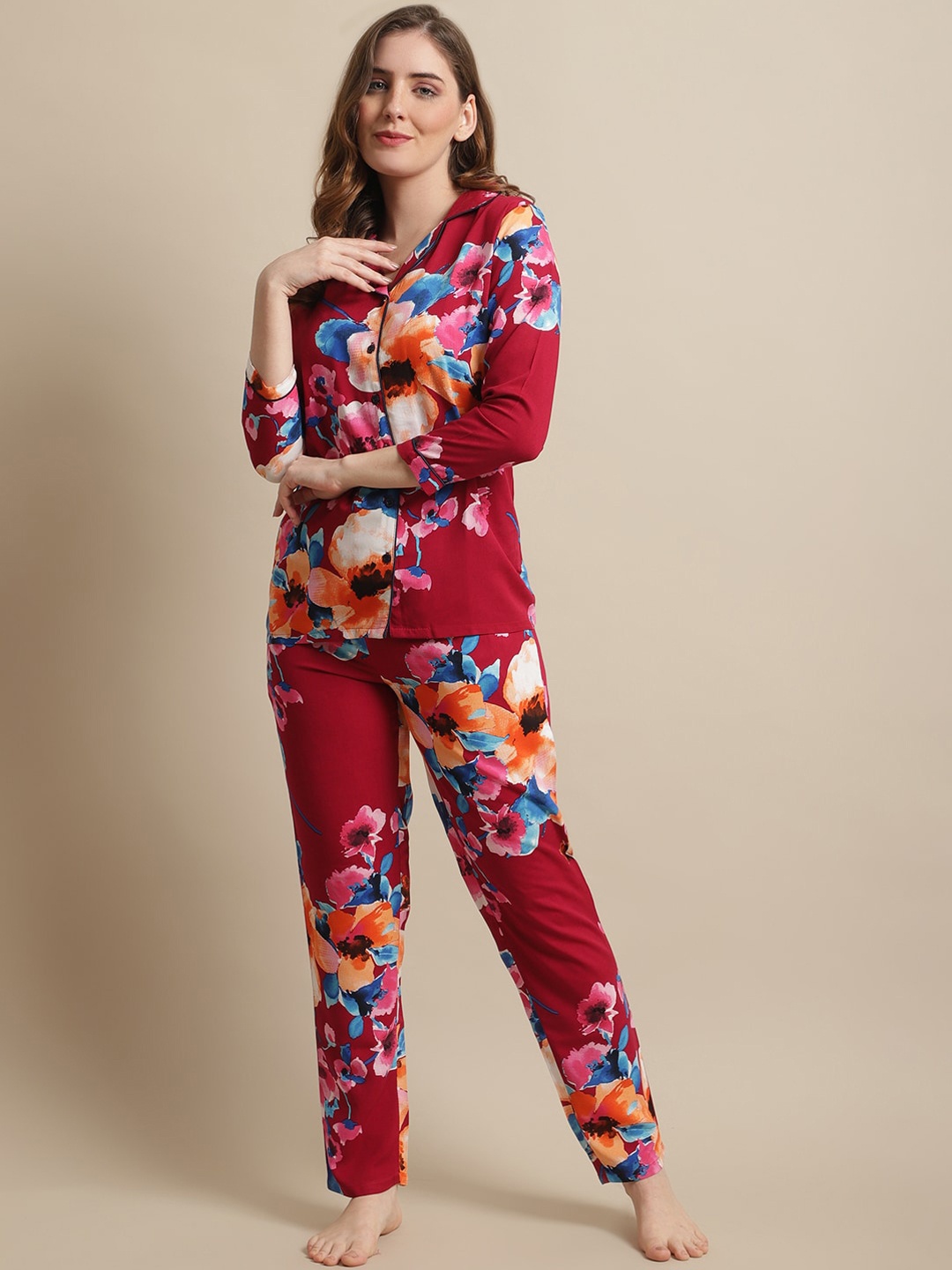 

Boston Club Women Printed Night Suit, Maroon