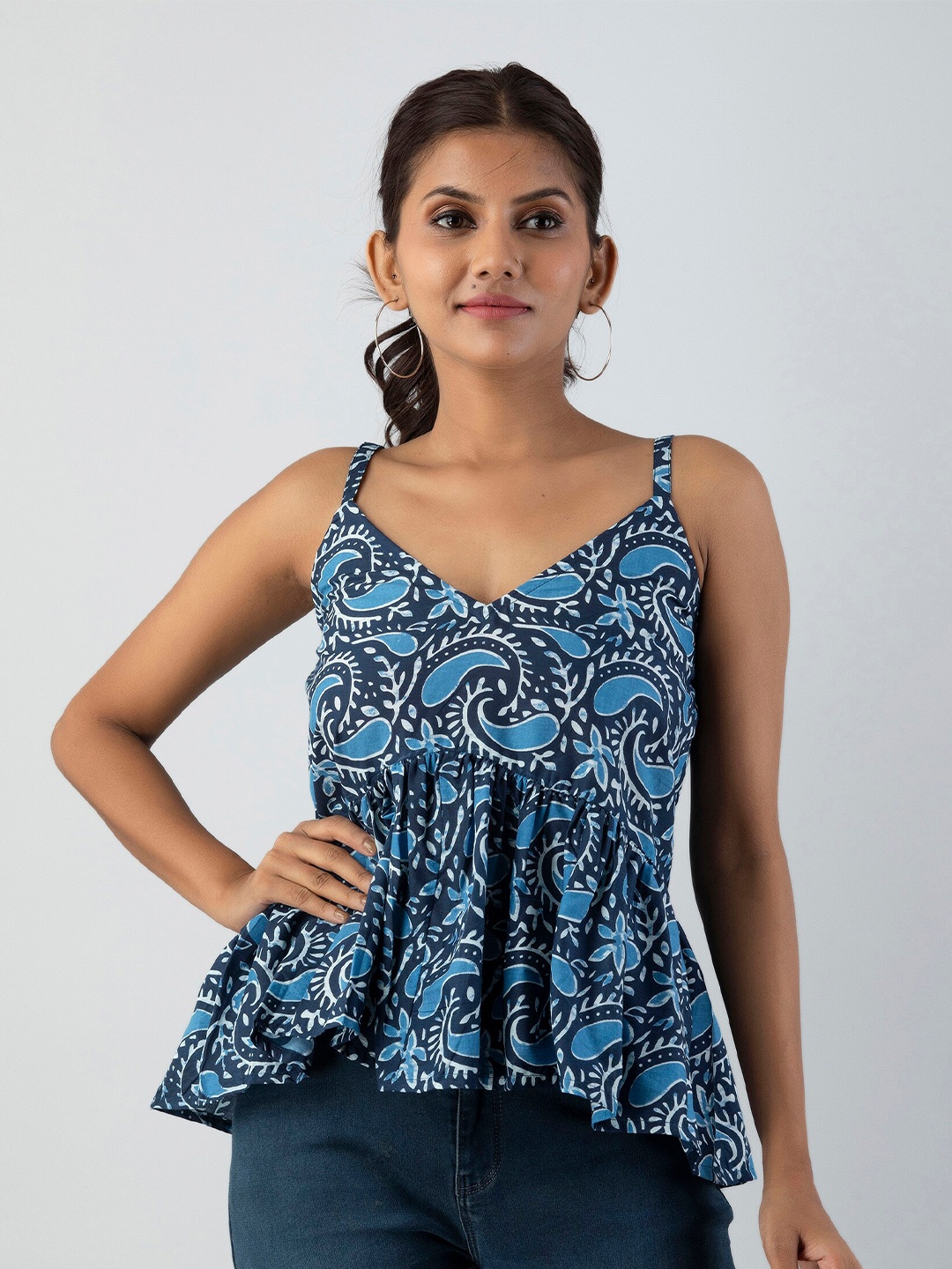 

OMASK Printed Indigo Pure Cotton Peplum Top, Blue