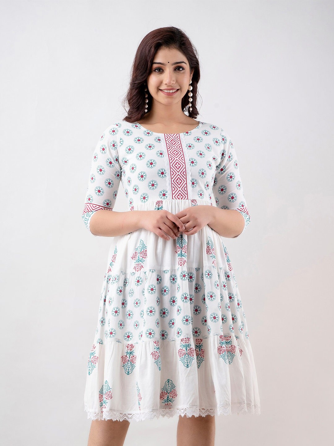 

OMASK Ethnic Motifs Printed Cotton A-Line Ethnic Dress, White