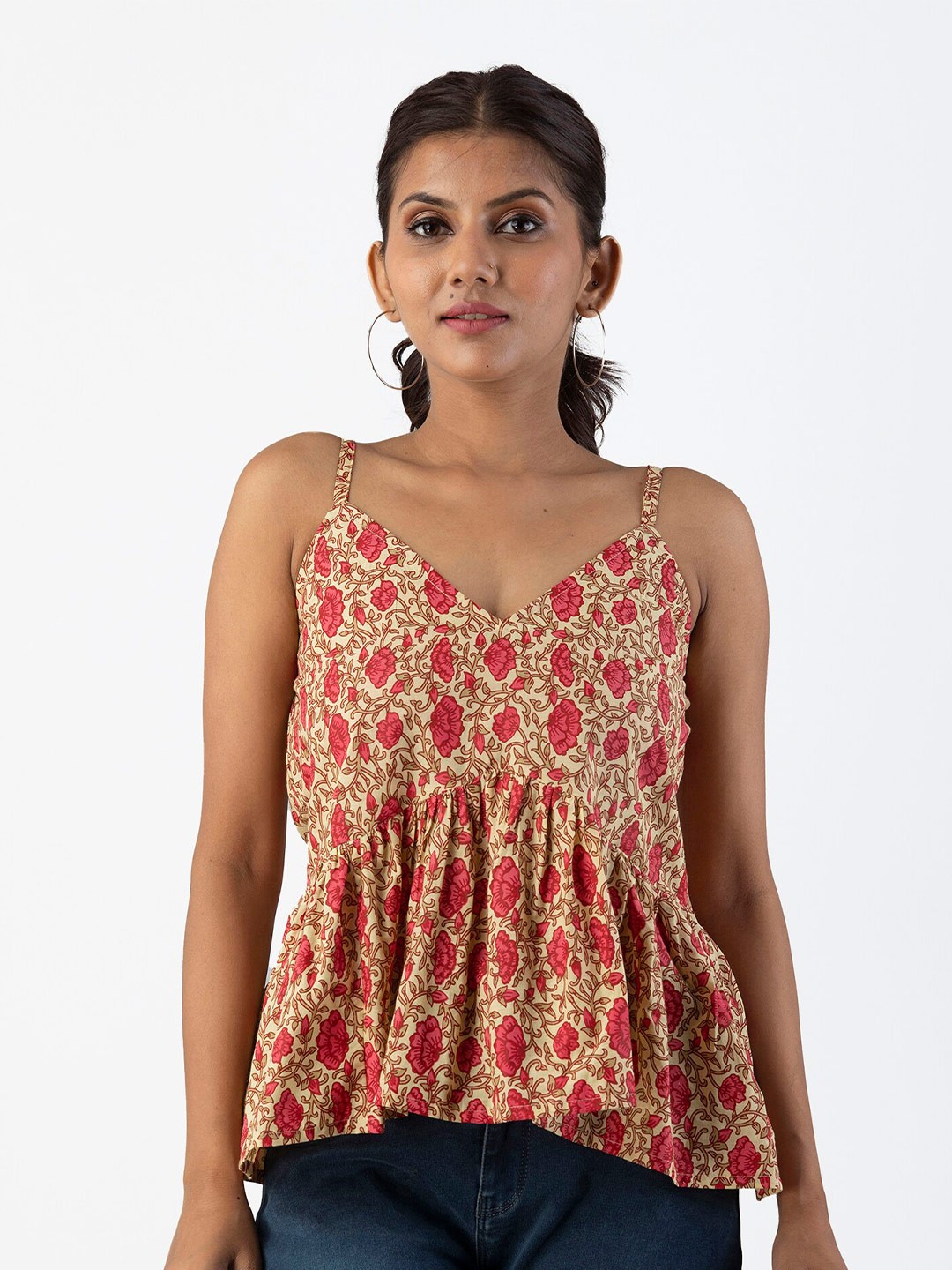 

OMASK Floral Print Pure Cotton Peplum Top, Beige
