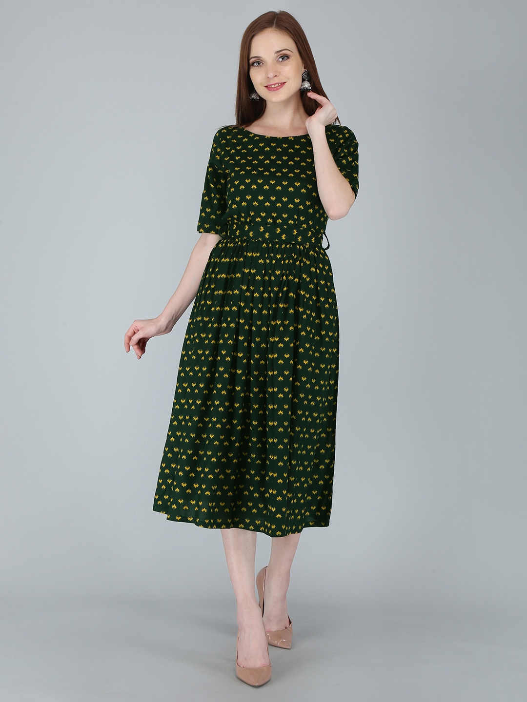 

OMASK Ethnic Motifs Printed Ethnic Midi Dress, Green