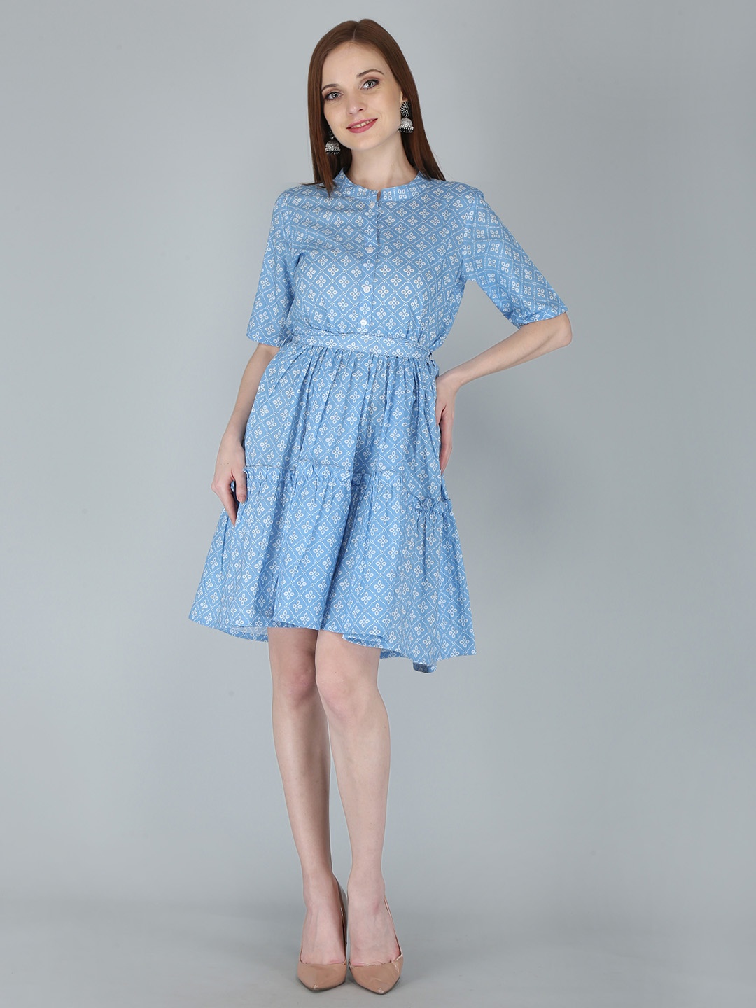 

OMASK Printed Cotton Mandarin Collar Fit and Flare Dress, Turquoise blue