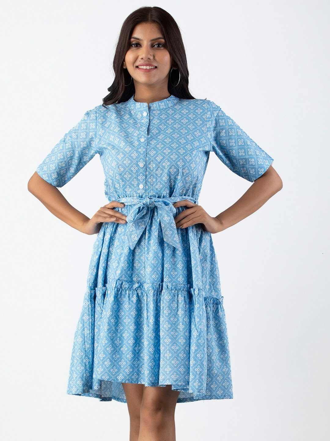 

OMASK Printed Cotton Mandarin Collar Fit and Flare Dress, Turquoise blue
