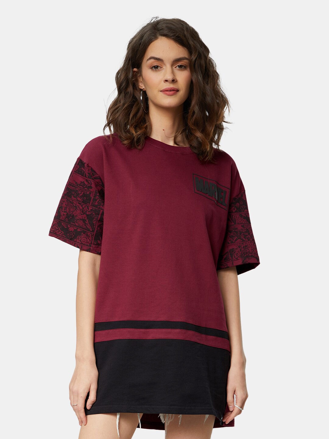 

The Souled Store Women Colourblocked Pure Cotton Oversized T-shirt, Maroon