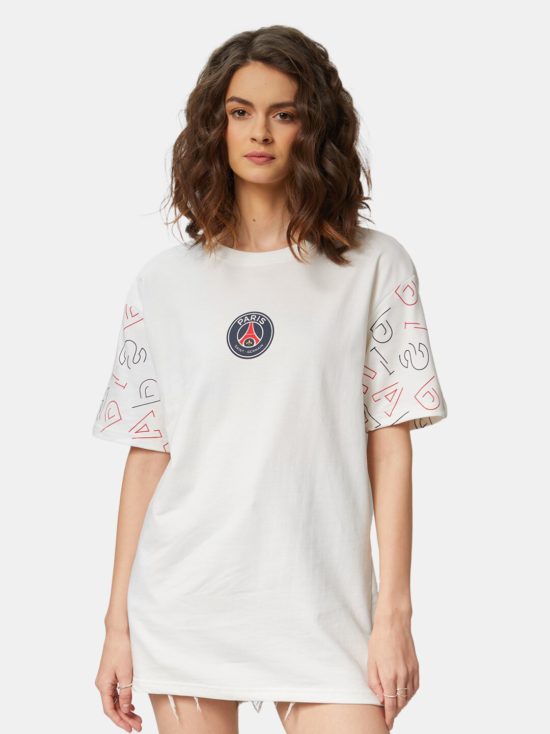

The Souled Store Women Typography Paris Saint-Germain Printed Pure Cotton Loose T-shirt, White