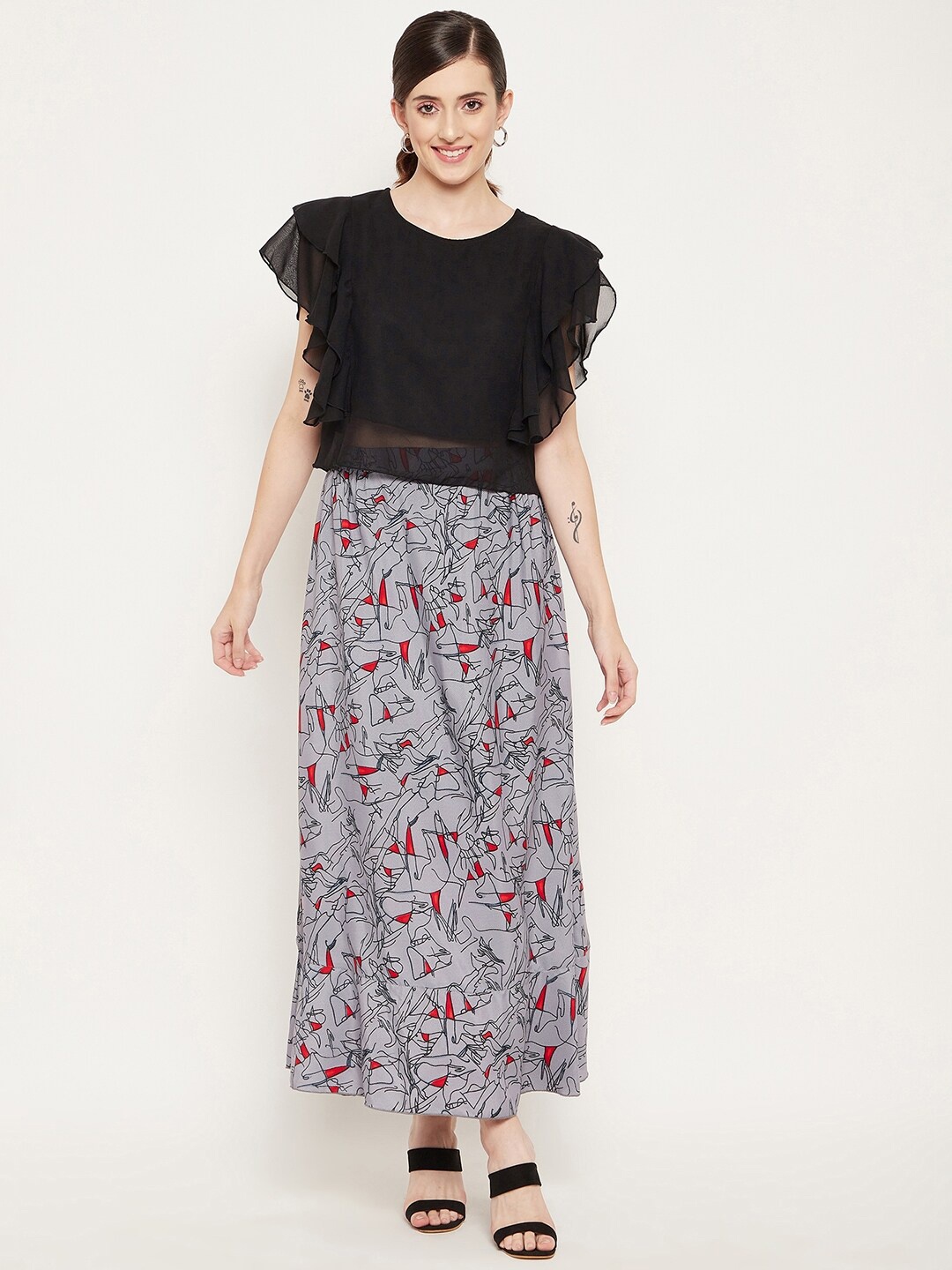 

Bitterlime Women Black & Grey Top with Skirt