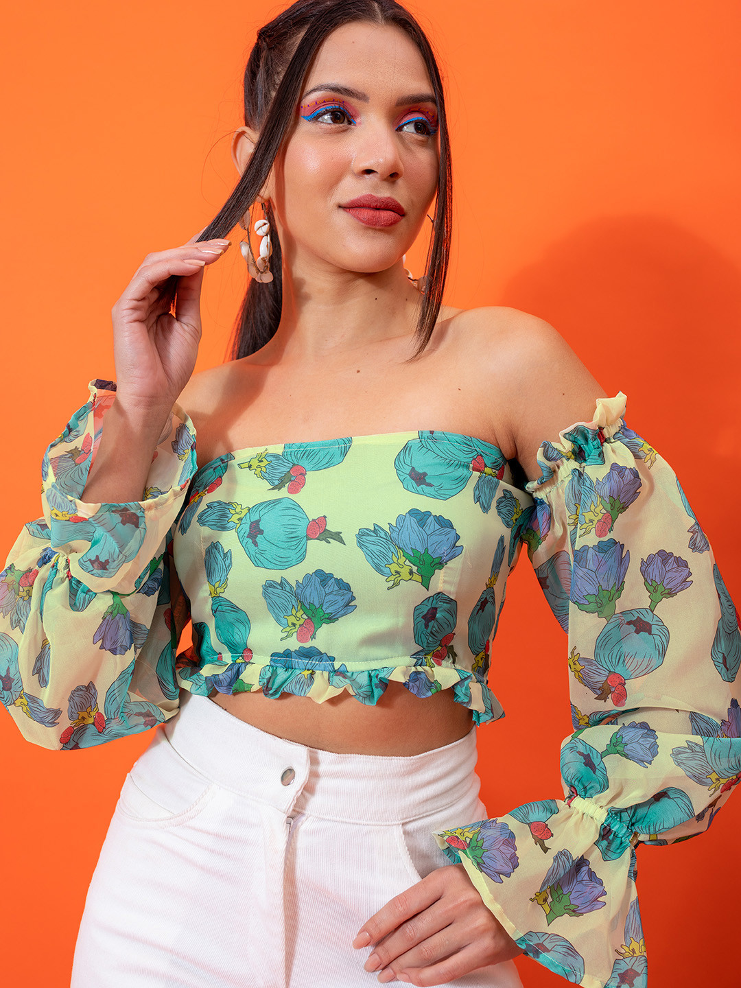

Stylecast X Hersheinbox Floral Print Off-Shoulder Bardot Crop Top, Green