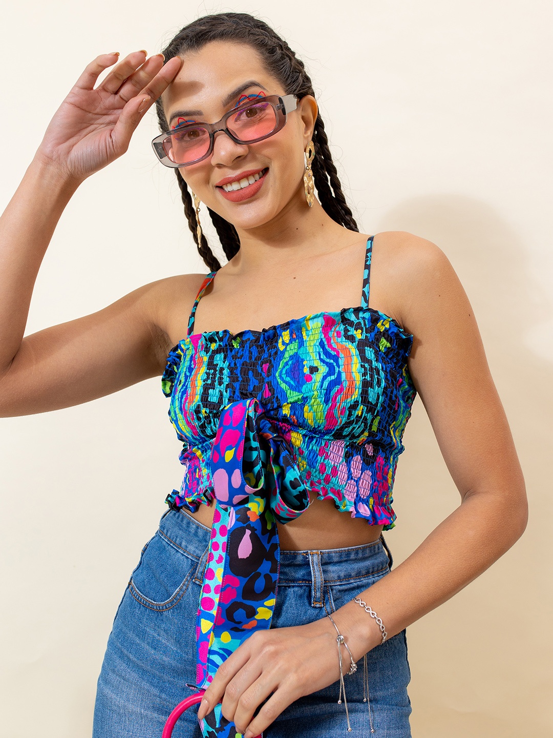 

Stylecast X Hersheinbox Shoulder Straps Abstract Print Satin Smocked Fitted Crop Top, Multi