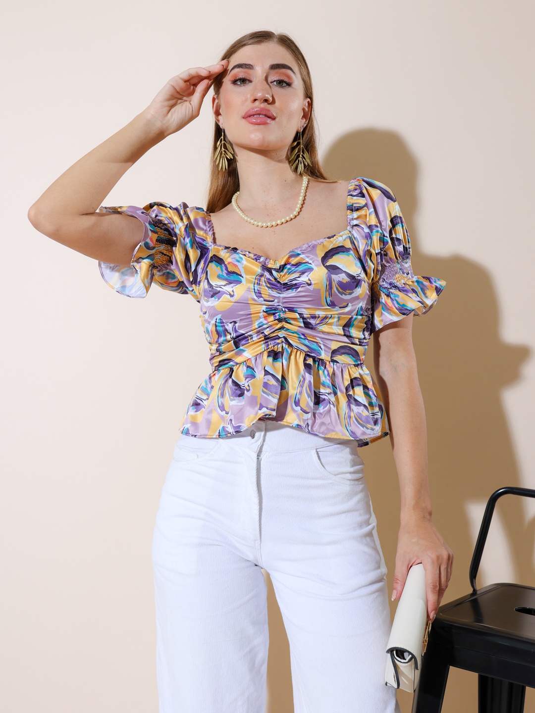 

Stylecast X Hersheinbox Abstract Print Off-Shoulder Satin Peplum Crop Top, Yellow