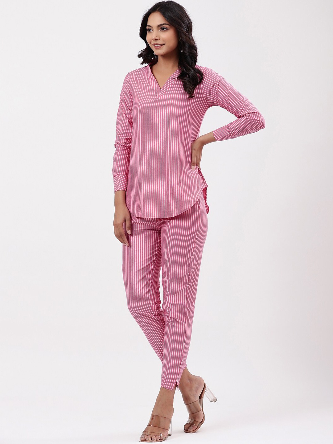

Fabriko Women Striped Smart Flared Pure Cotton High-Rise Trousers, Pink