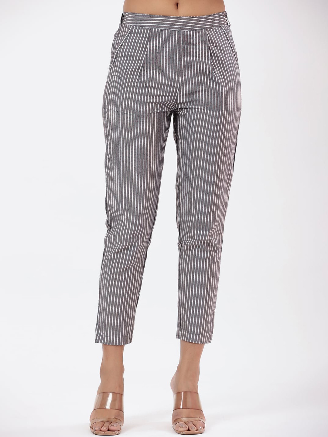 

Fabriko Women Striped Smart High-Rise Pure Cotton Pleated Trouser, Grey