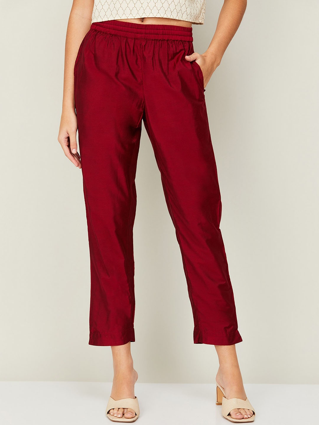 

Melange by Lifestyle Women Easy Wash Cropped Cigarette Trouser, Maroon