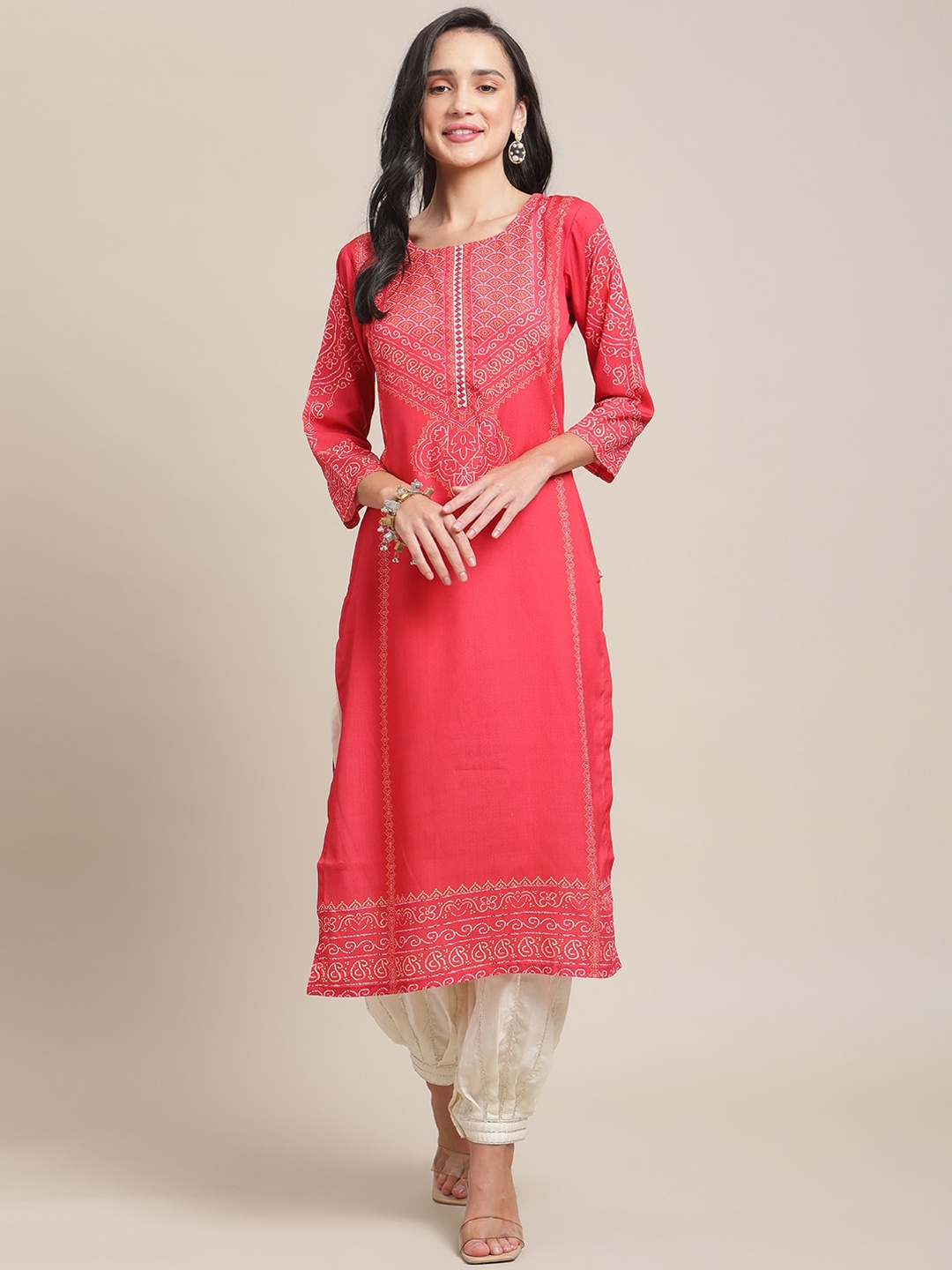 

KSUT Women Red Ethnic Motifs Printed Gotta Patti Kurta