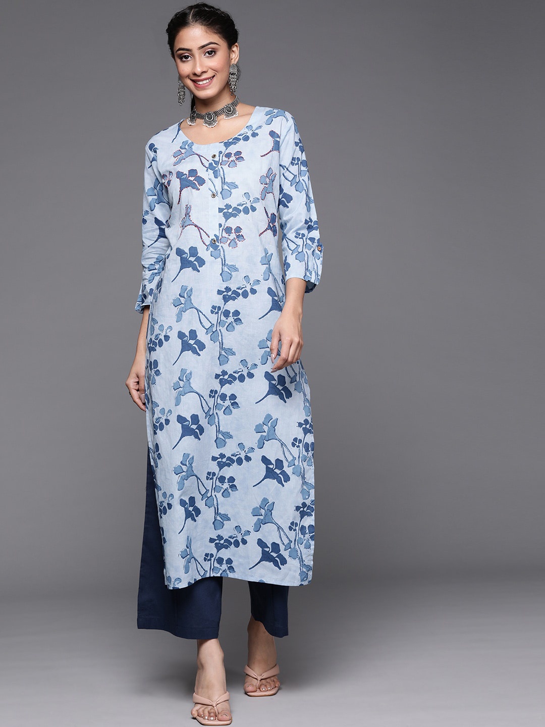 

KSUT Floral Printed Pure Cotton Kurta, Blue