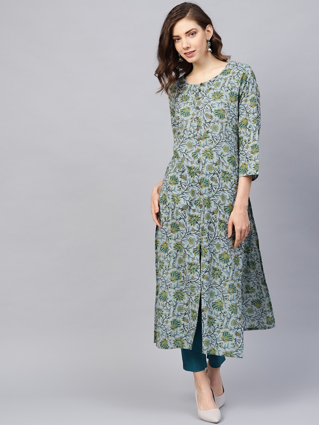 

KSUT Women Floral Printed Keyhole Neck Pure Cotton Kurta, Green