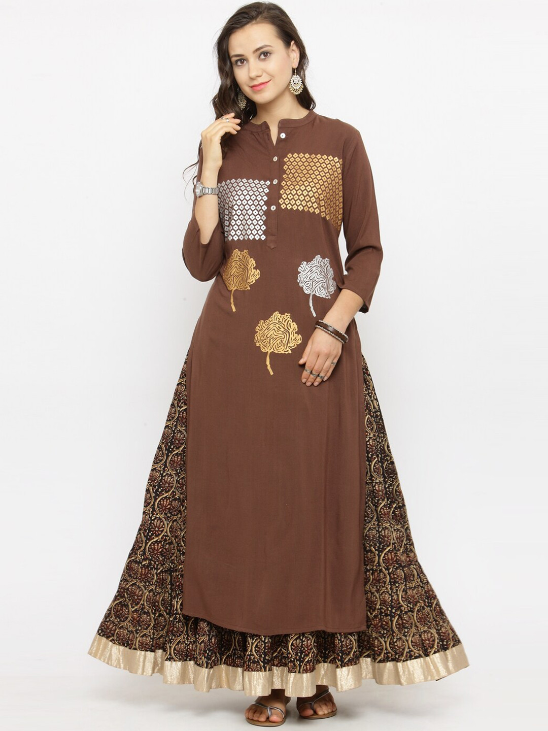 

KSUT Ethnic Motifs Printed Mandarin Collar Kurta with Skirt, Coffee brown