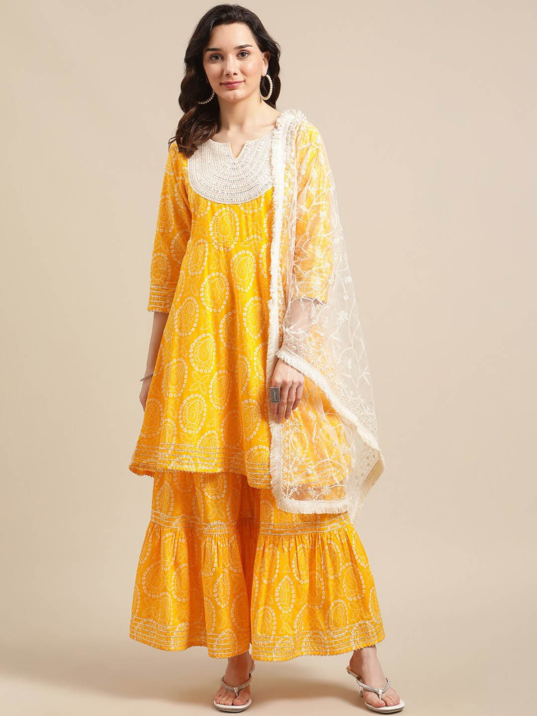 

KSUT Bandhani Printed Round Neck Pure Cotton Kurta with Sharara & Dupatta, Mustard