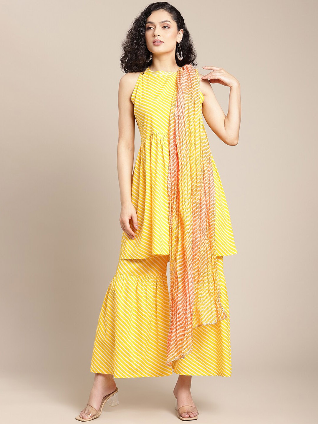 

KSUT Halter Neck Pure Cotton Kurti with Sharara & Dupatta, Mustard