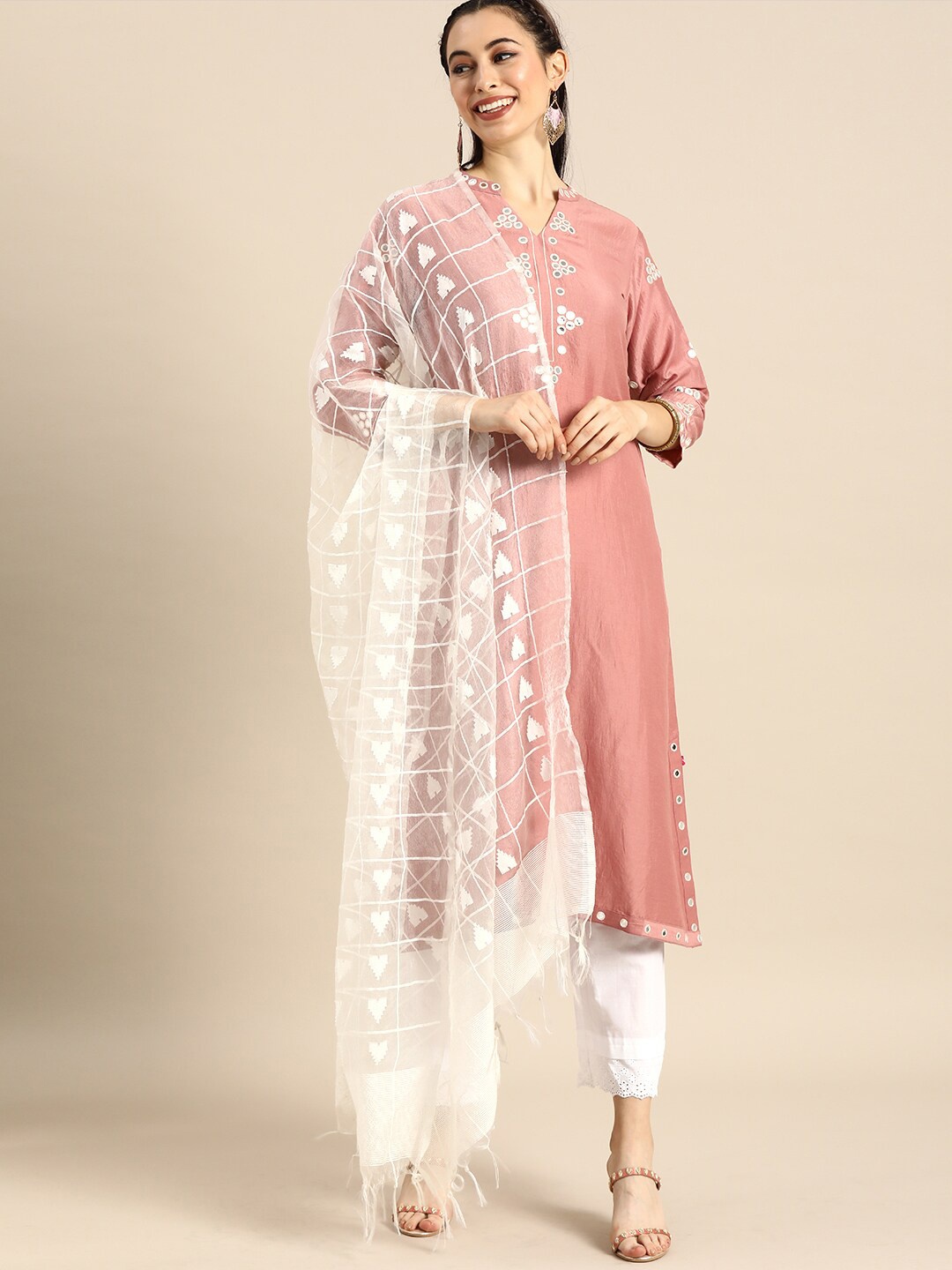 

KSUT Embroidered Mirror Work Kurta with Pure Cotton Trousers & Dupatta, Rose