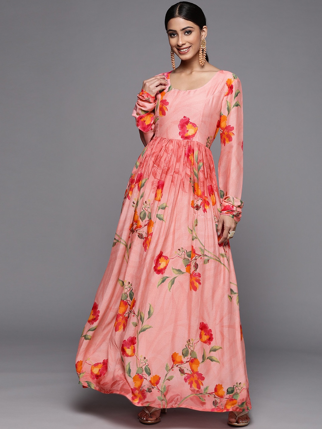 

KSUT Scoop Neck Floral Printed Georgette Anarkali Kurta, Peach