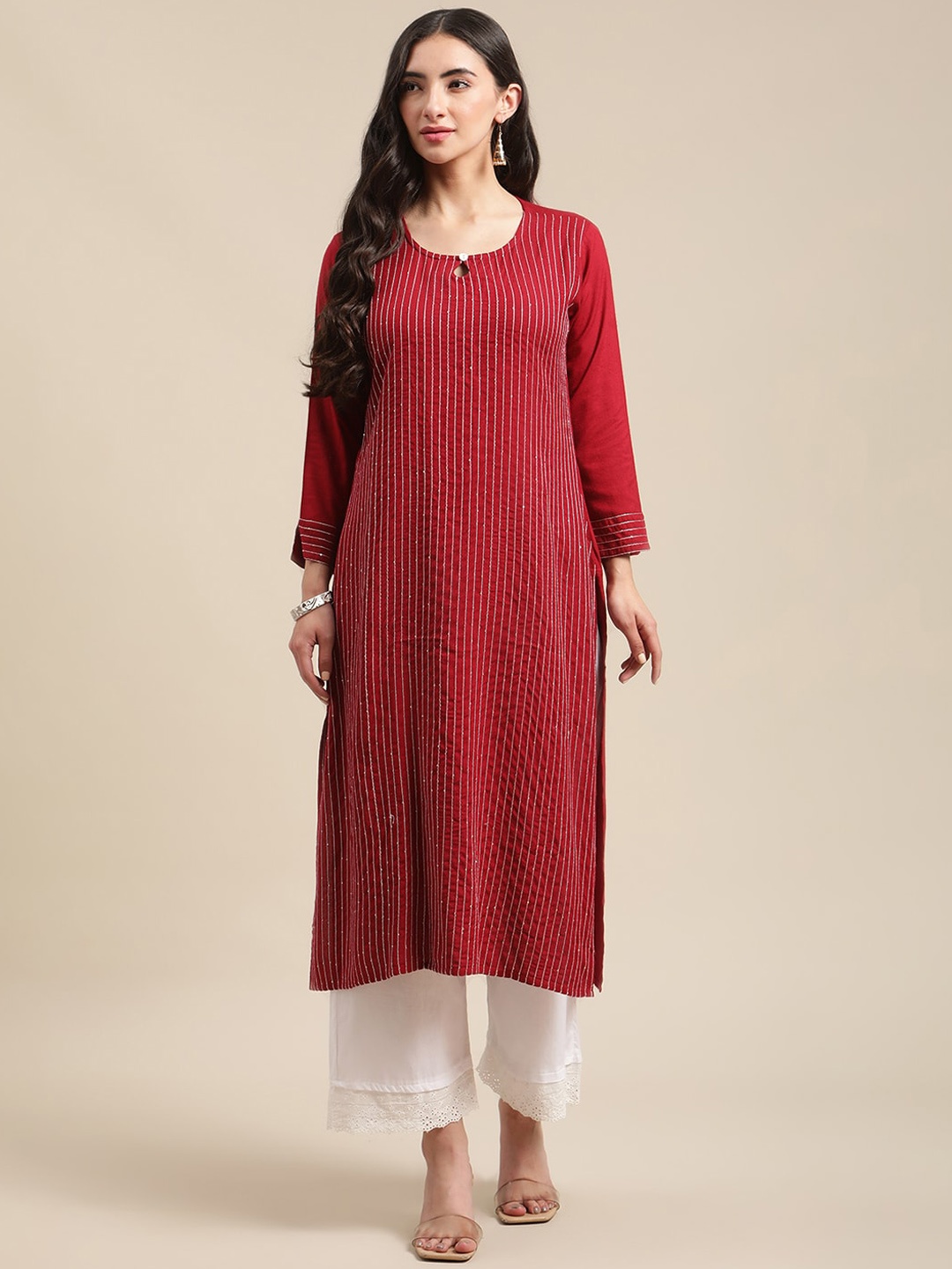 

KSUT Women Striped Keyhole Neck Thread Work Kurta, Maroon