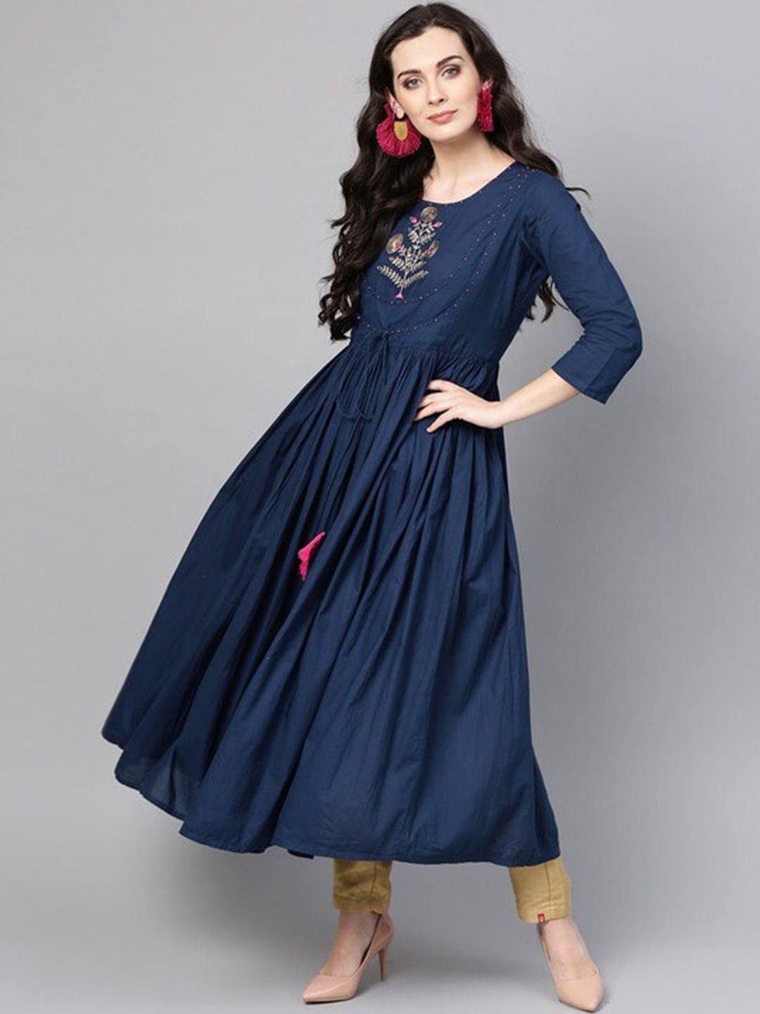 

KSUT Round Neck Yoke Design Anarkali Cotton Kurta, Blue