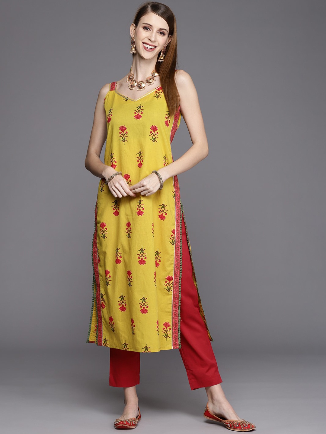 

KSUT Floral Printed Thread Work Straight Regular Cotton Kurta, Yellow