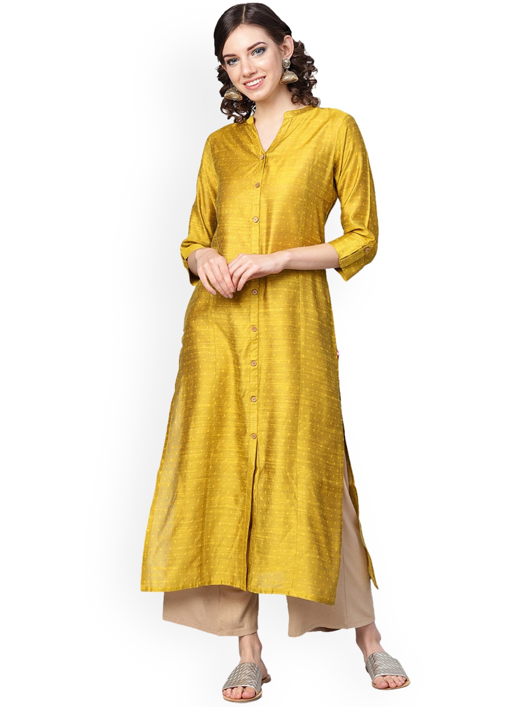 

KSUT Women Mustard Yellow Dobby Woven Design Kurta