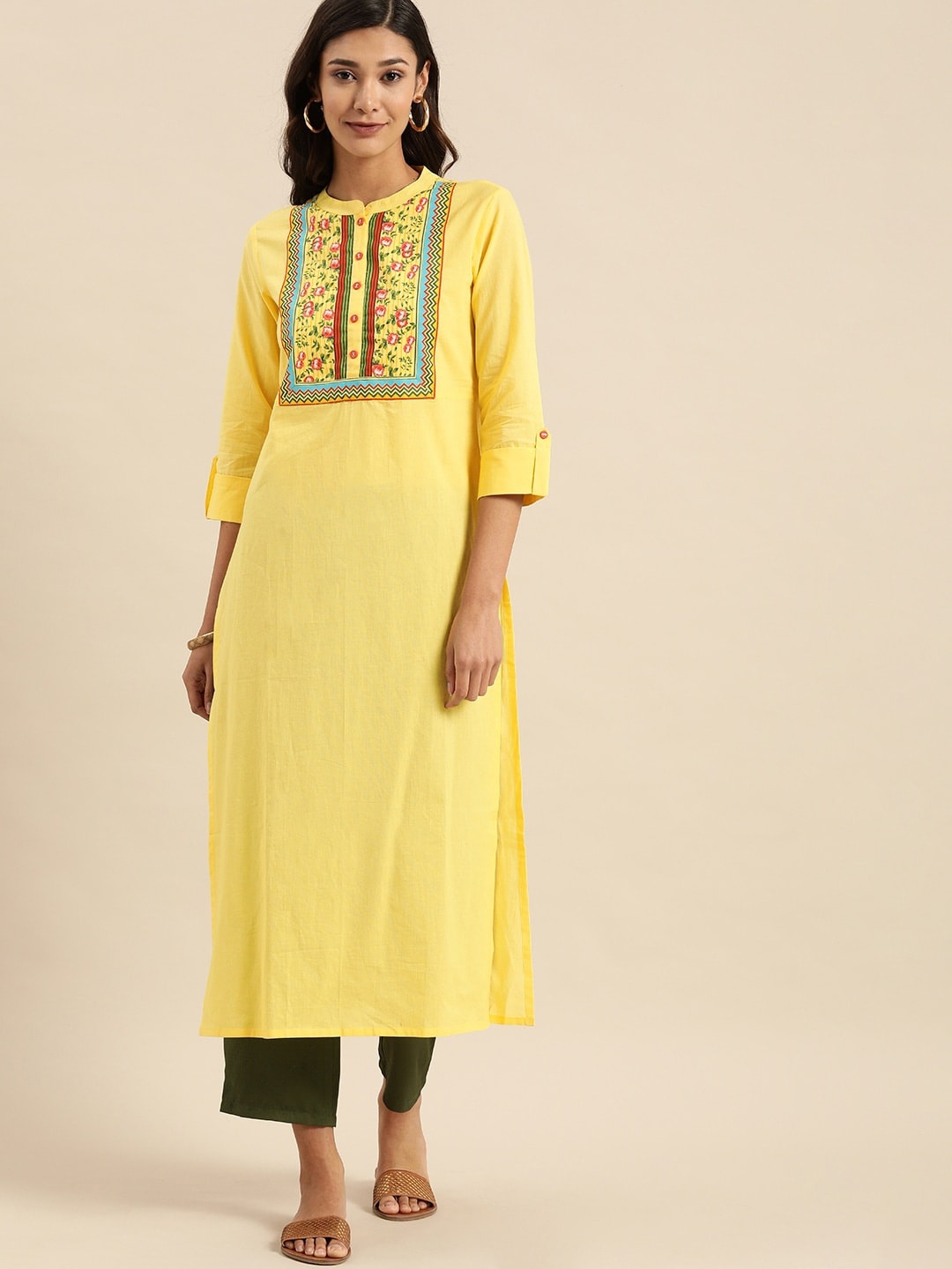 

KSUT Mandarin Collar Yoke Design Printed Pure Cotton Kurta, Mustard