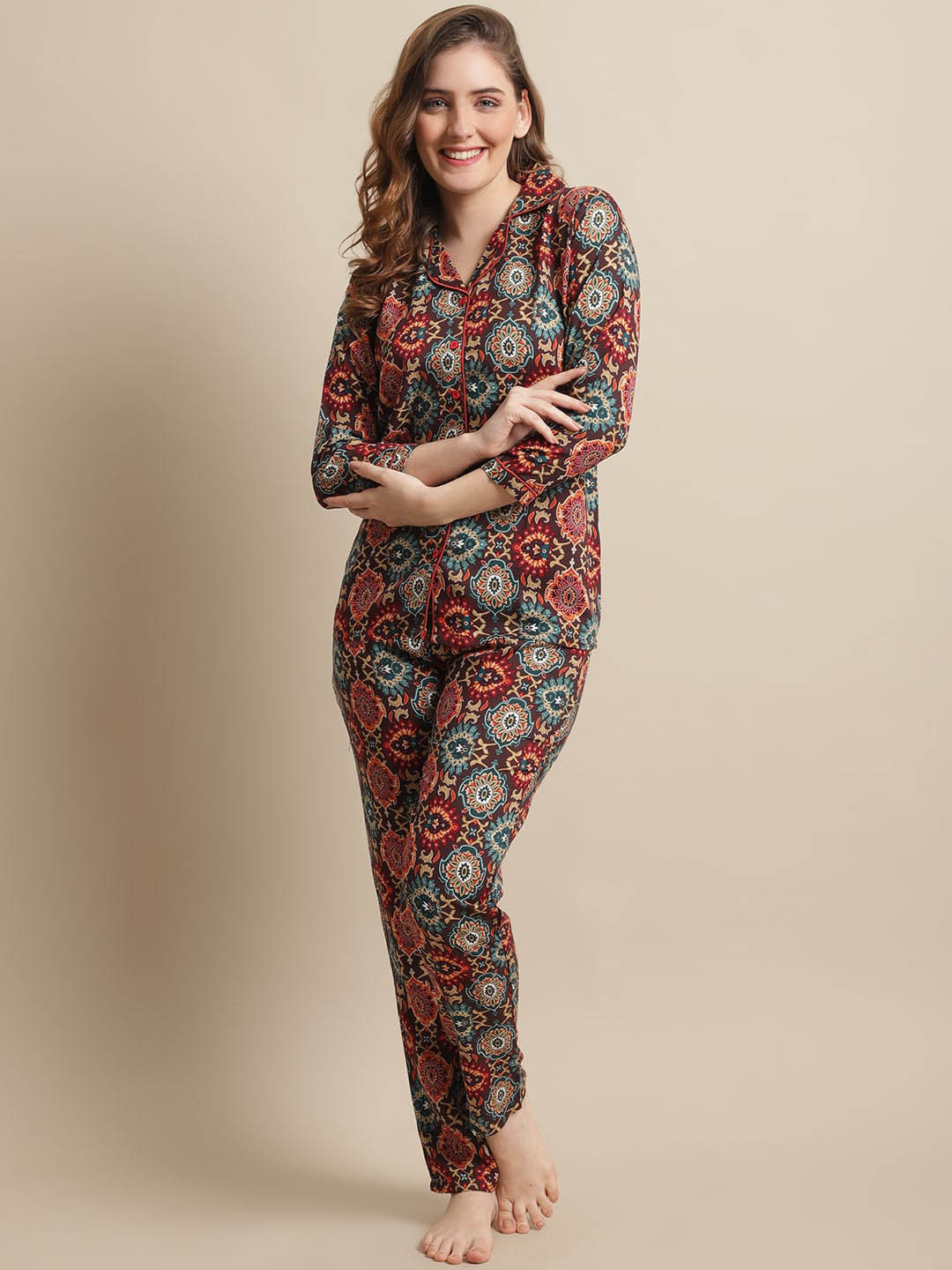 

Claura Women Printed Night Suit, Brown