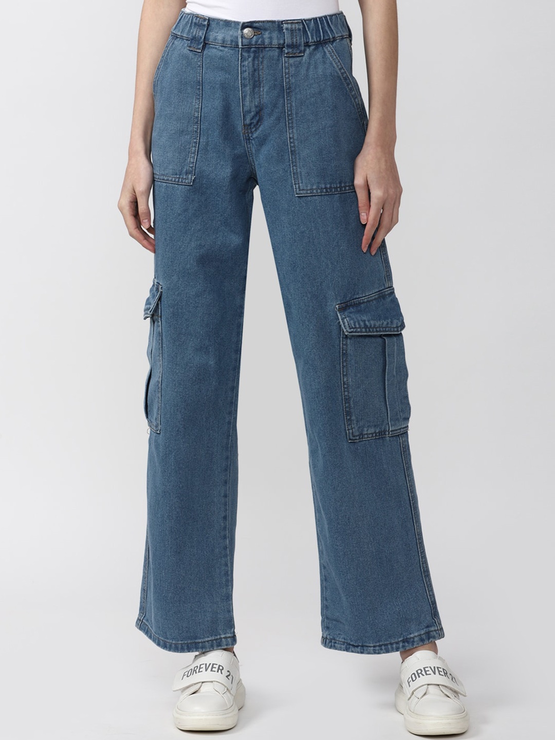 

FOREVER 21 Women Solid Cotton Wide Leg Jeans, Blue