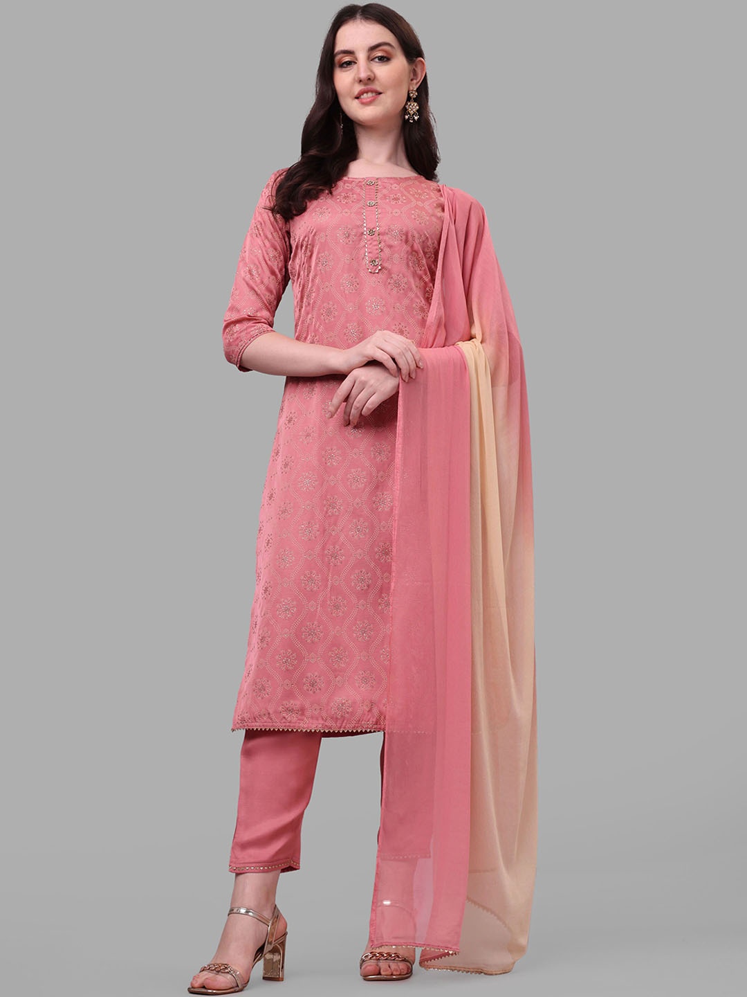 

Berrylicious Women Floral Printed Gotta Patti Kurta with Trousers & Dupatta, Pink