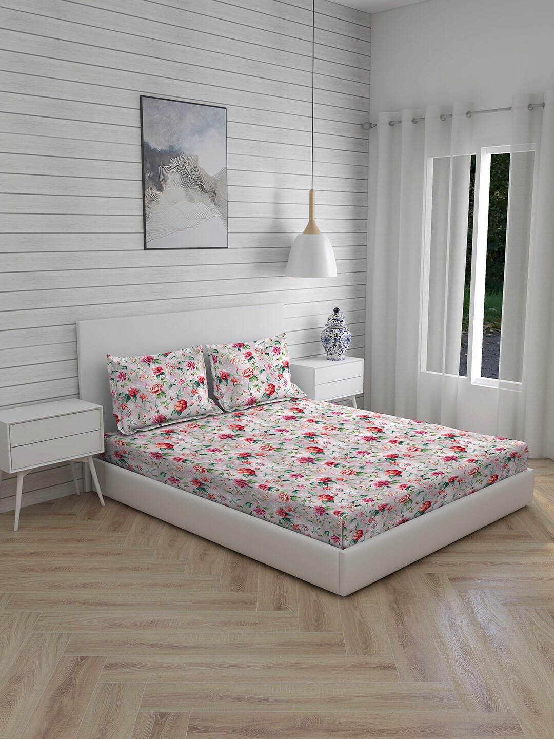 Boutique Living India Pink Floral 270 TC Cotton Super King Bedsheet with 2 Pillow Covers
