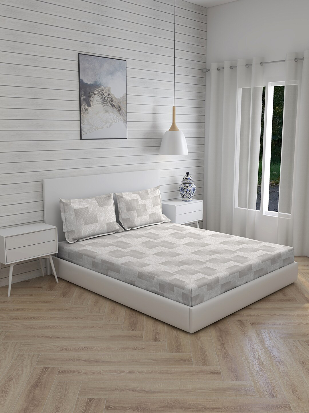 

Boutique Living India Grey Geometric 212 TC Cotton Queen Bedsheet with 2 Pillow Covers