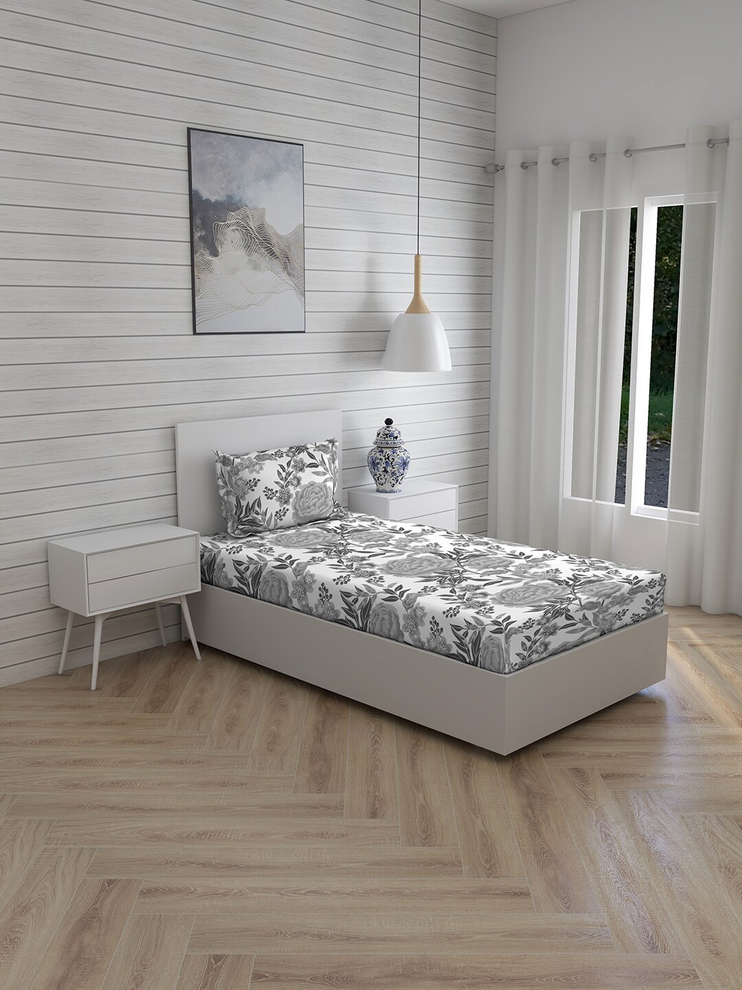 

Boutique Living India Grey Floral 146 TC Cotton Single Bedsheet with 1 Pillow Covers