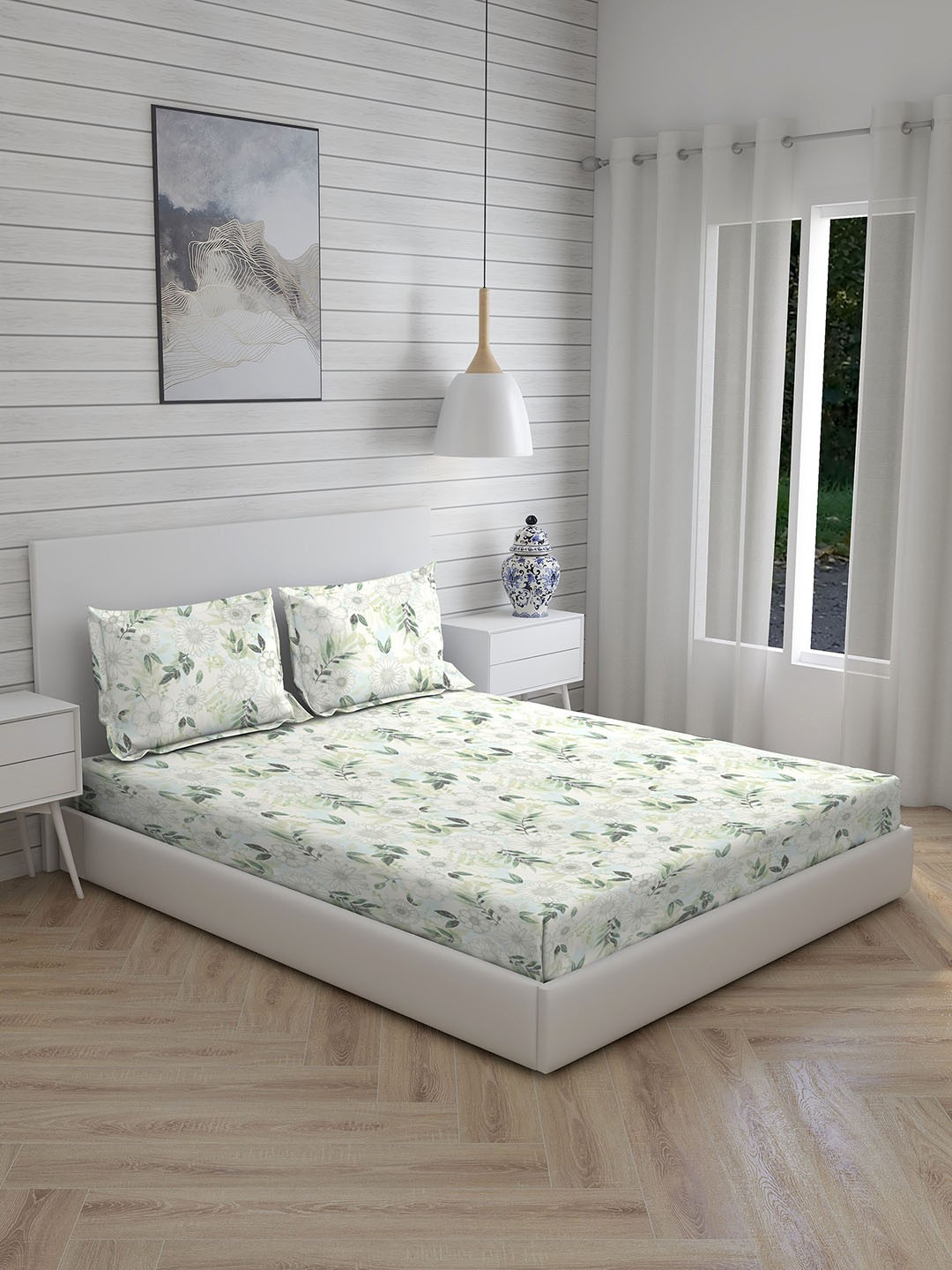 

Boutique Living India White Floral 260 TC Cotton Super King Bedsheet with 2 Pillow Covers