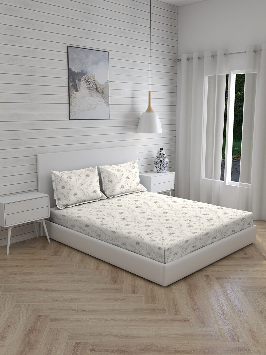

Boutique Living India White Floral 400 TC Super King Bedsheet with 2 Pillow Covers