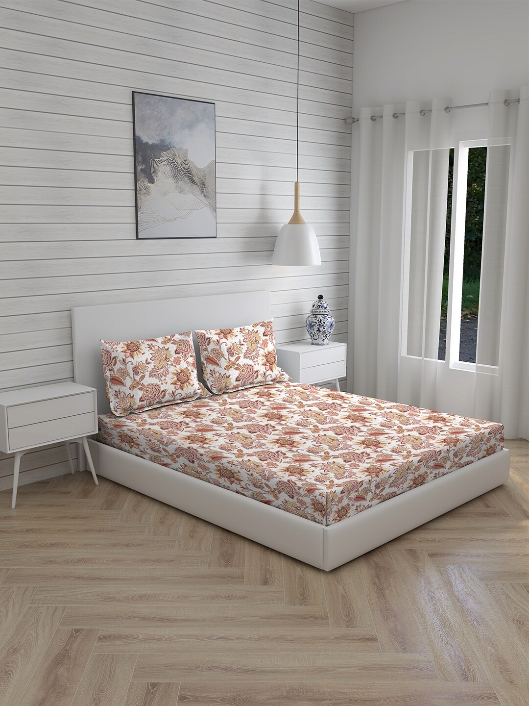 

Boutique Living India White Floral 225 TC Super King Bedsheet with 2 Pillow Covers