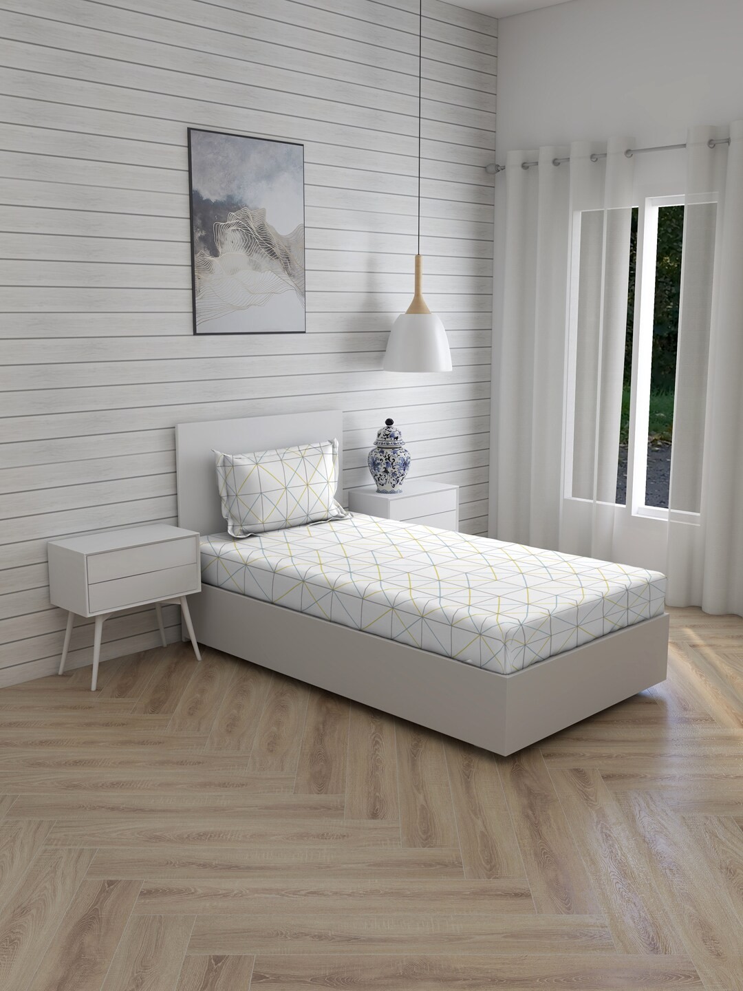 

Boutique Living India White Geometric 212 TC Cotton Single Bedsheet with 1 Pillow Covers