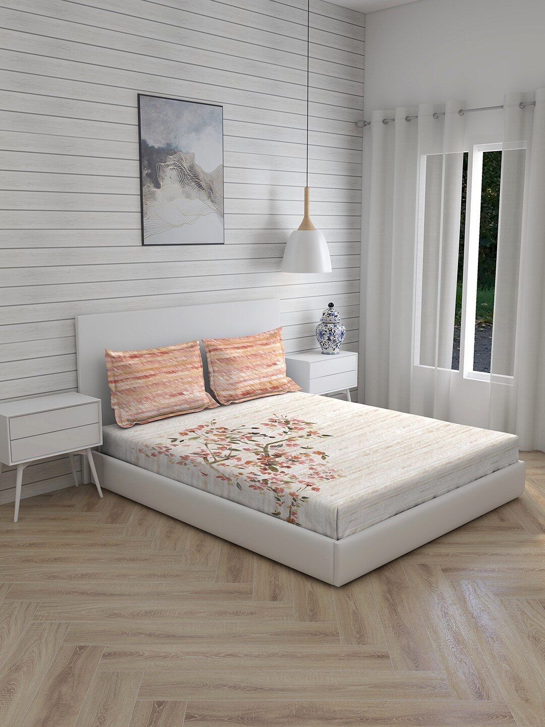 

Boutique Living India White Floral 270 TC Cotton Super King Bedsheet with 2 Pillow Covers