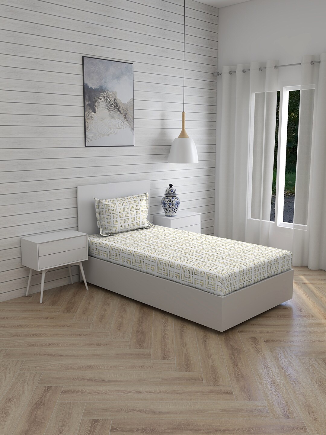 

Boutique Living India Yellow Geometric 150 TC Cotton Single Bedsheet with 1 Pillow Covers, White