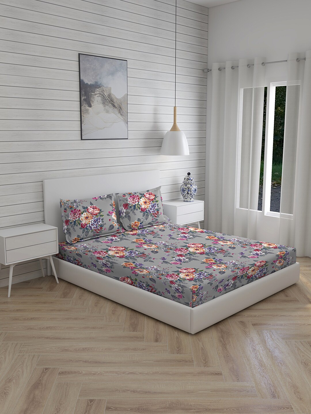 

Boutique Living India Grey Floral 270 TC Cotton Super King Bedsheet with 2 Pillow Covers