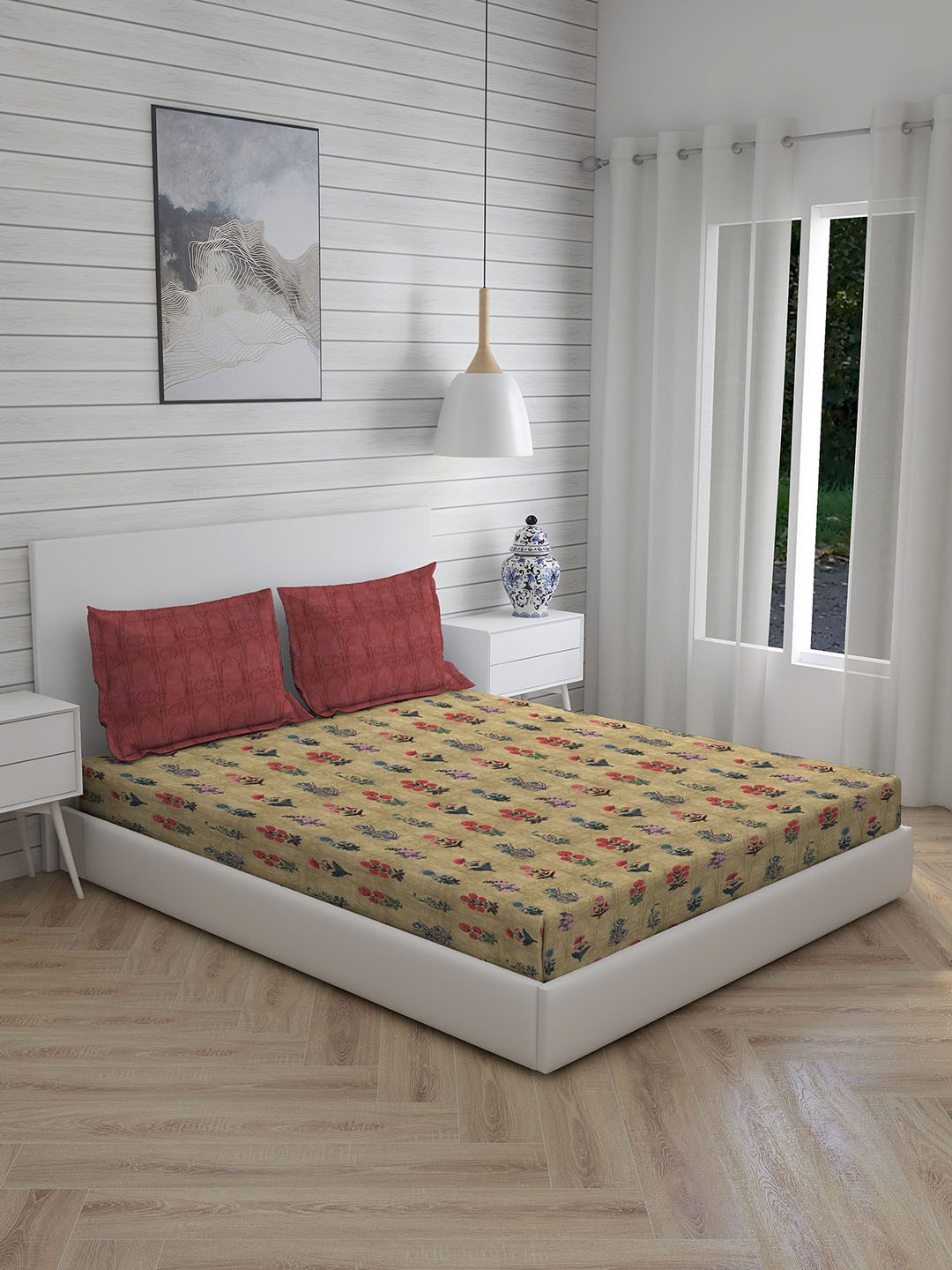 

Boutique Living India Khaki Floral 270 TC Cotton Super King Bedsheet with 2 Pillow Covers