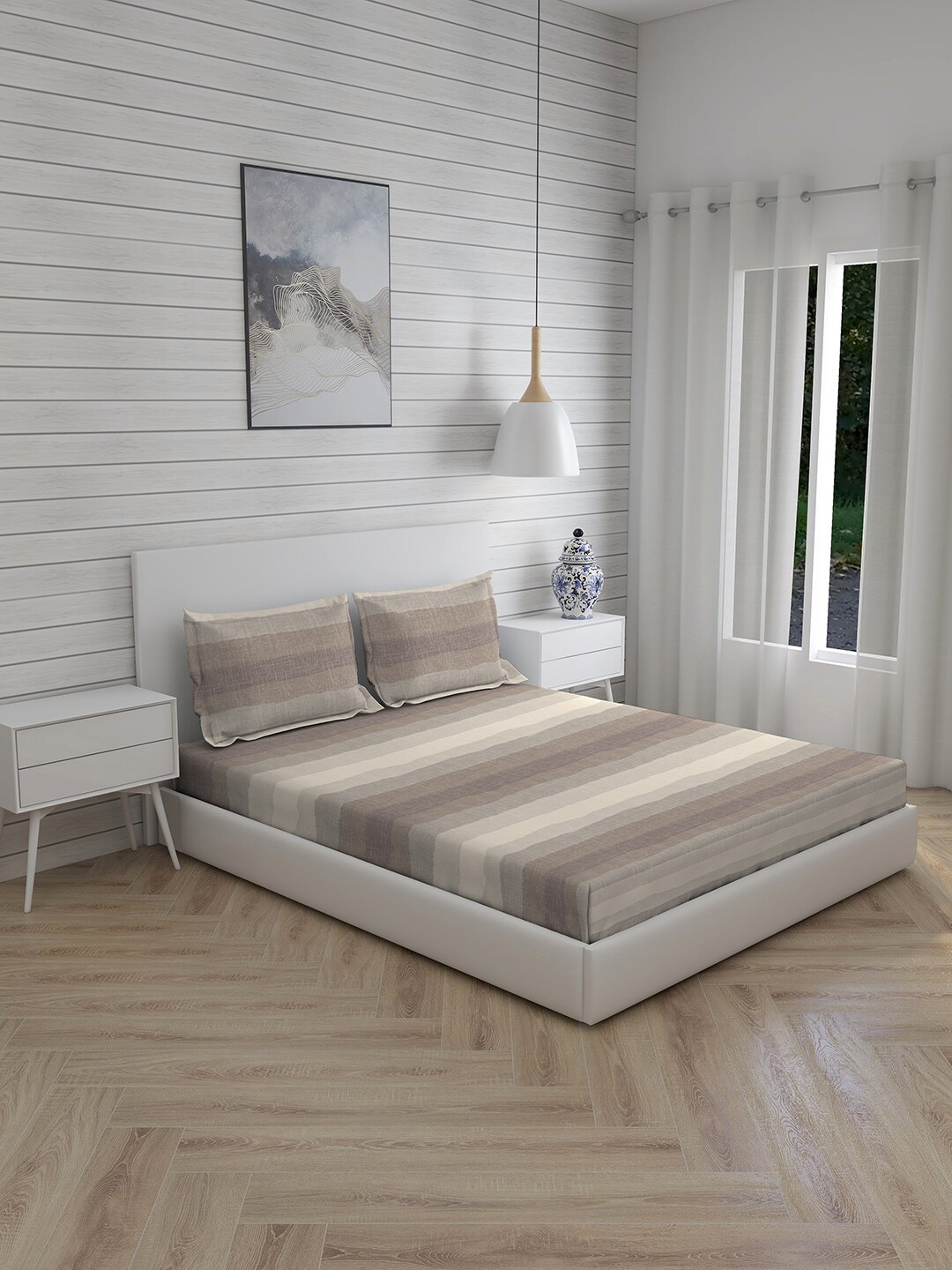 

Boutique Living India Brown Striped 220 TC Cotton Super King Bedsheet with 2 Pillow Covers