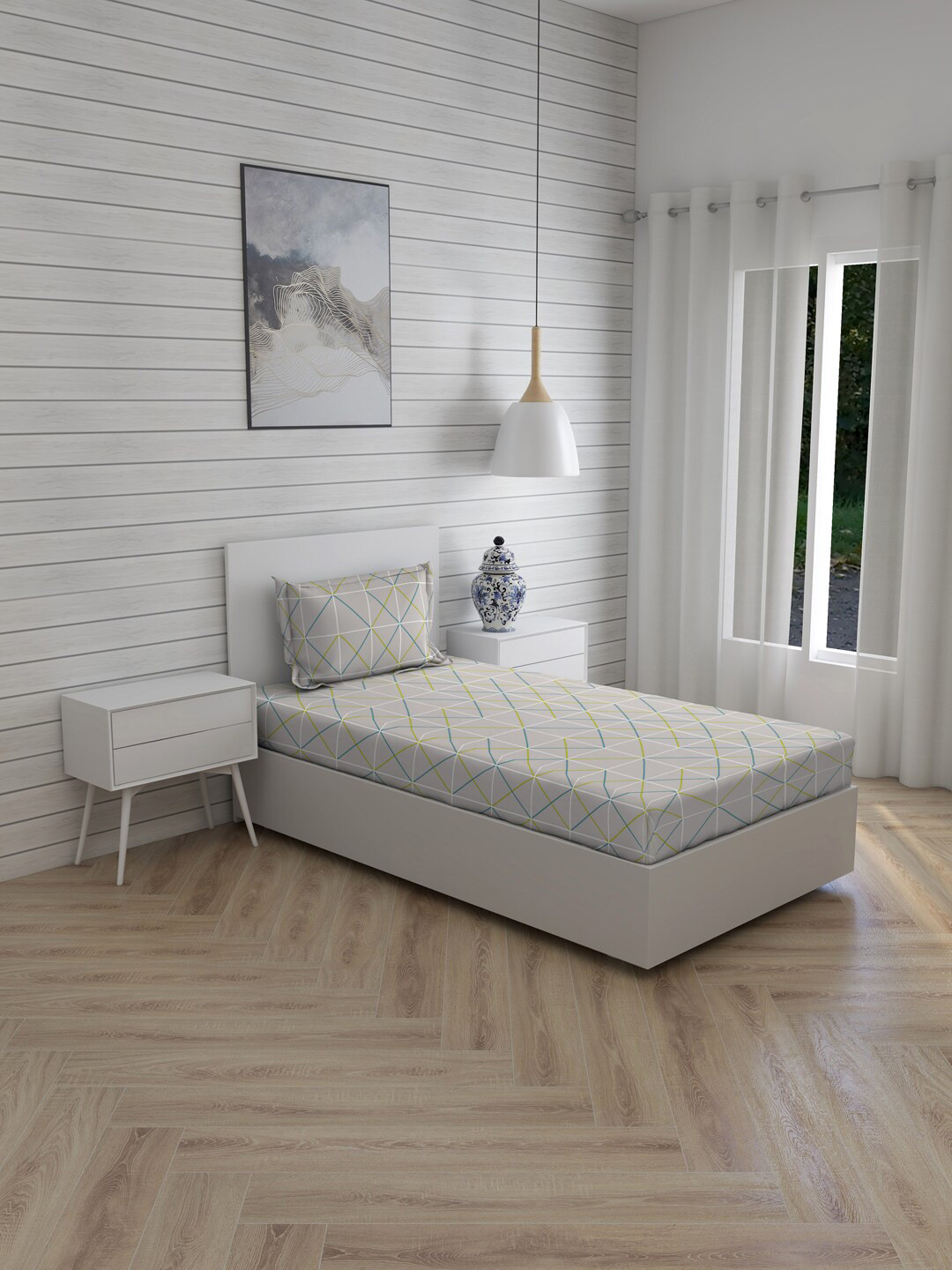 

Boutique Living India Grey Geometric 212 TC Cotton Single Bedsheet with 1 Pillow Covers