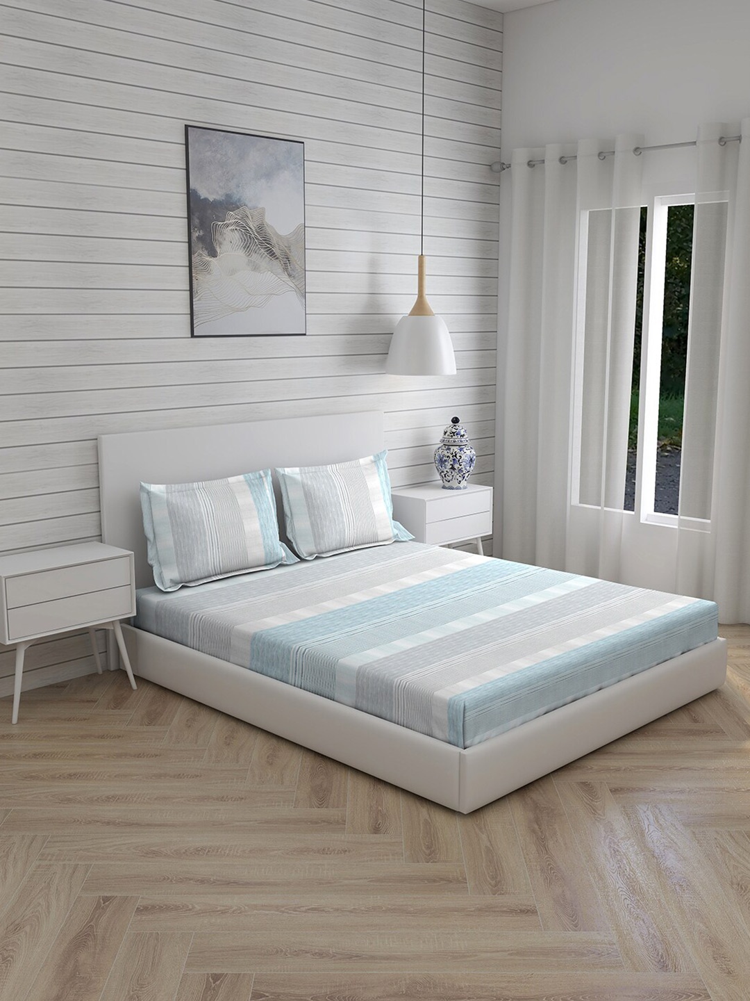 Boutique Living India Blue Striped Cotton Super King Bedsheet with 2 Pillow Covers