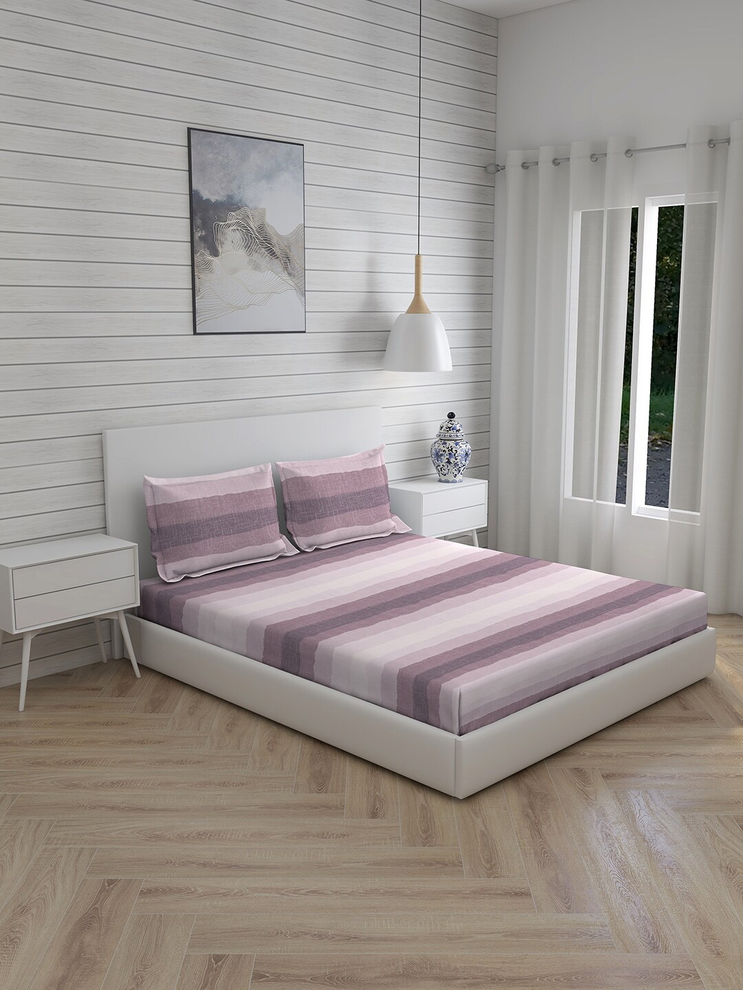 

Boutique Living India Purple Striped 212 TC Super King Bedsheet with 2 Pillow Covers