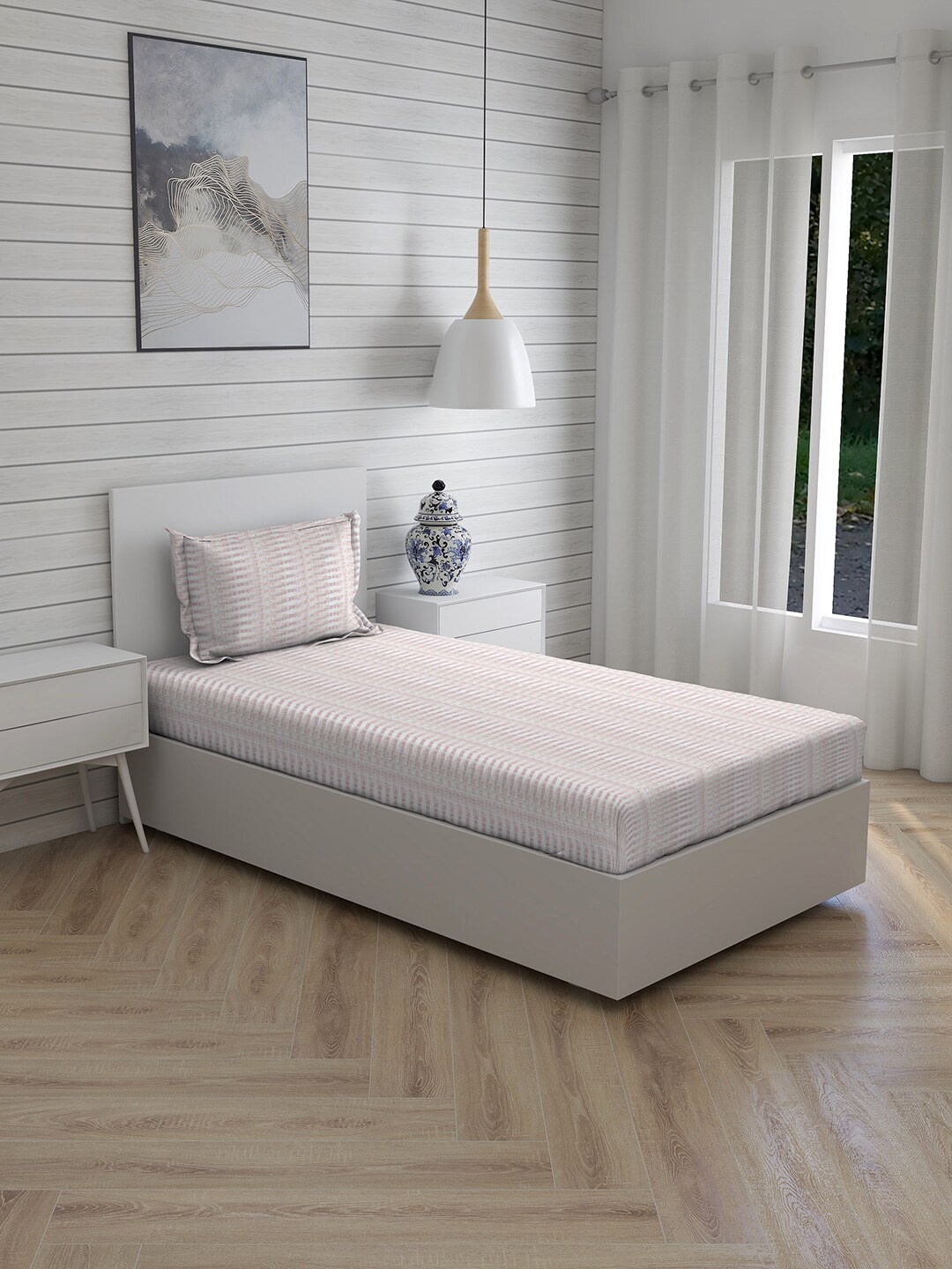 

Boutique Living India Iris Gaze Striped 160 TC Cotton Single Bedsheet with 1 Pillow Covers, White