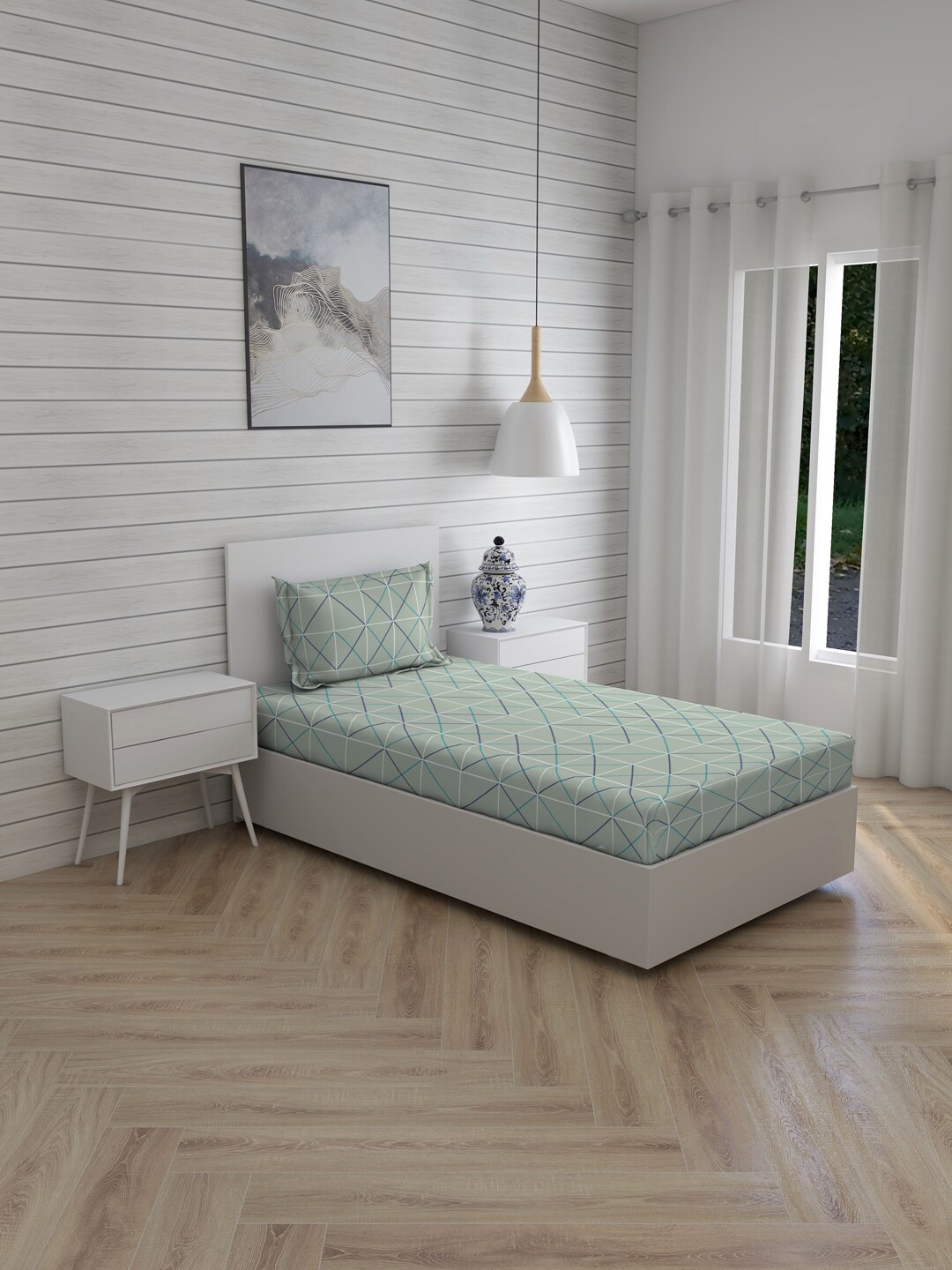 

Boutique Living India Green Geometric 212 TC Cotton Single Bedsheet with 1 Pillow Covers