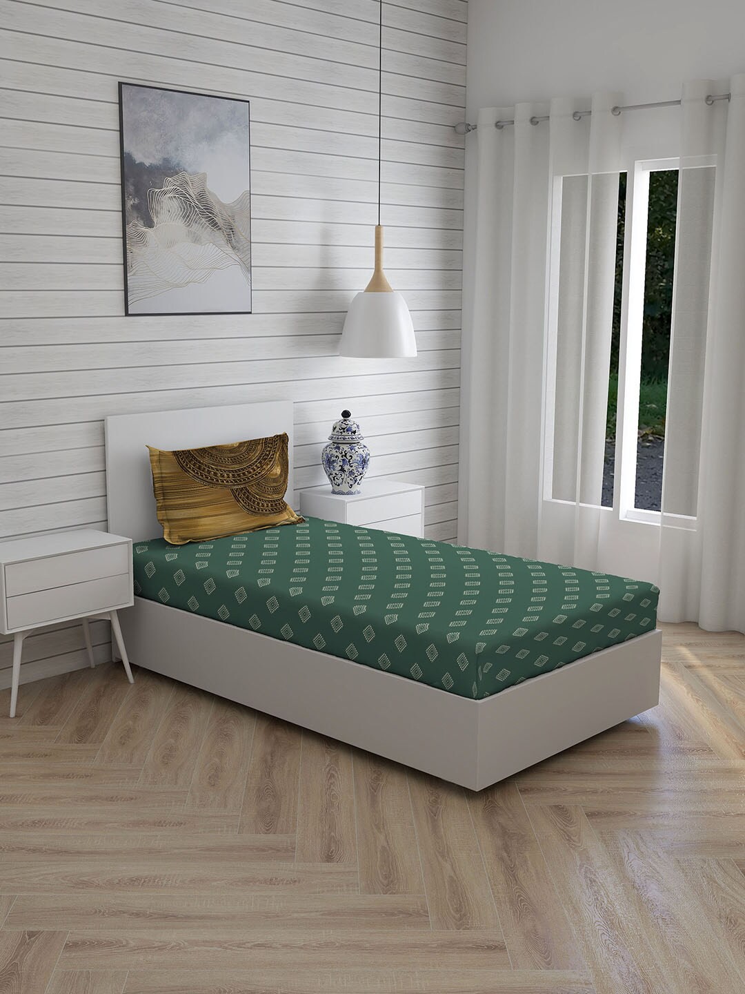 

Boutique Living India Green & Mustard Ethnic Motifs 200 TC Single Bedsheet with 1 Pillow Covers
